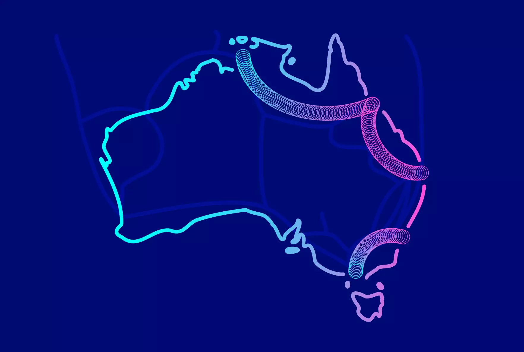 Abstract illustration of Australia with illuminated pathways representing ADIP's high-capacity fibre corridors connecting major east coast and intercapital routes.