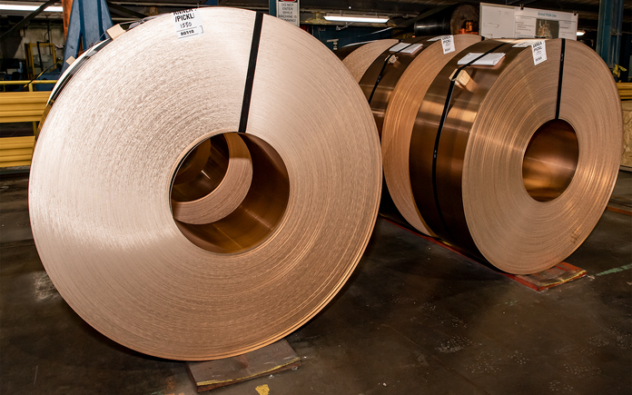 Rolls of copper beryllium strip alloy at Materion's Elmore, OH, facility