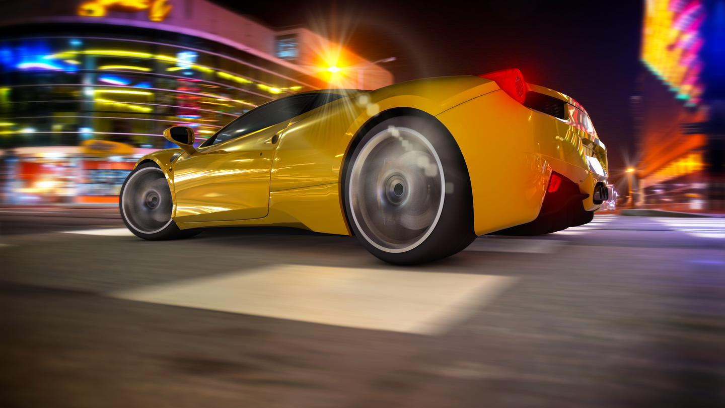 Yellow sports car in motion to highlight automotive market