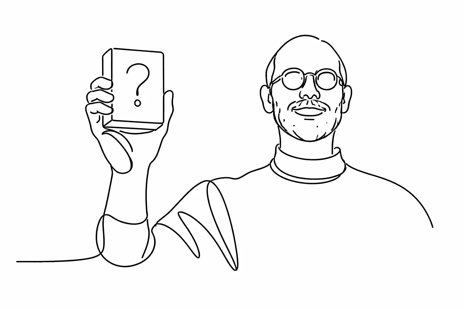 Line drawing of a visionary tech CEO holding a mystery product – a box with a question mark on it, representing 'the next big thing'. 