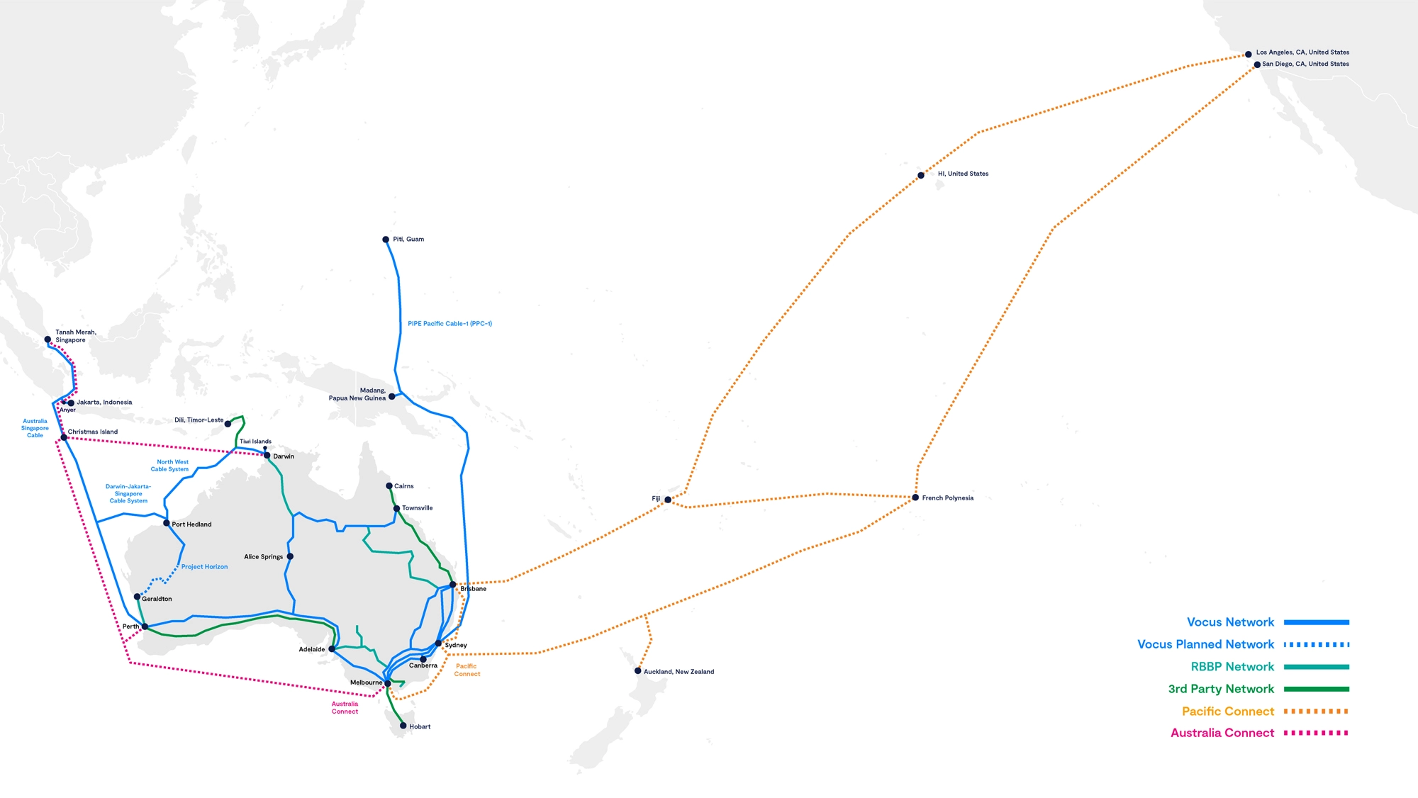 The image is a map showing various submarine and terrestrial cable networks connecting different regions in and around Australia. The map highlights the Vocus Network, Vocus Planned Network, RRP Network, 3rd Party Network, Pacific Connect, and Australia Connect with different colored lines. Key locations such as Perth, Darwin, Port Hedland, Alice Springs, Adelaide, Melbourne, Sydney, Brisbane, and Cairns are marked along with international connections to places like Singapore and Papua New Guinea. This image is relevant for understanding the infrastructure of communication networks in this region.