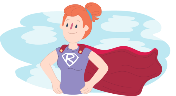 An illustrated person standing with hands on hips, wearing a cape and a top with a letter “R”, against a sky background.