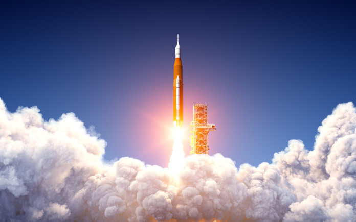 Large Rocket with C103 rocket nozzle aplication on launch ad ready for launch