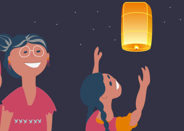 Illustration of mum and daughter letting a lantern go in the night sky.