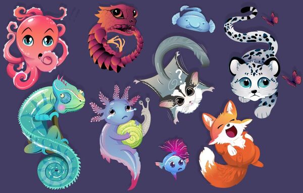 Illustrated animals with different emotions, including a silly fox, sad axolotl and focused snow leopard.