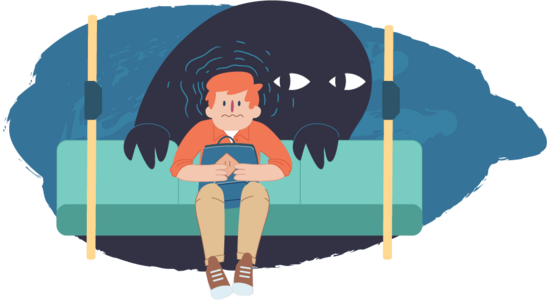 An illustration of a person sitting on public transport holding a tablet, with a large dark shadow figure behind the seat.