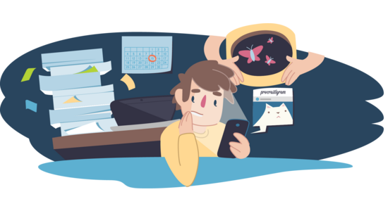 An illustrated person looking at a mobile phone while sitting at a desk, with stacks of papers, a calendar, a computer, and hands offering a tray with butterflies in the background.