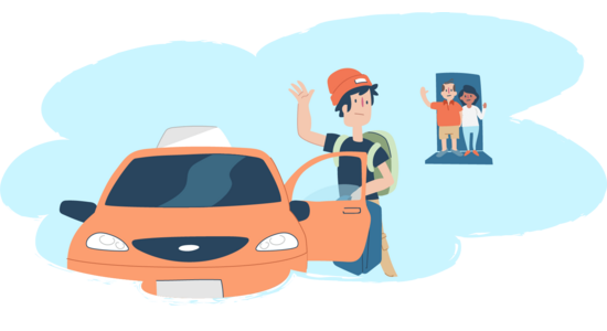 An illustration of a person stepping out of a car with the door open and one hand raised, wearing a backpack, with their parents waving from a doorway behind them.