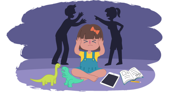 Illustration of a child sitting cross‑legged on the floor with hands covering their ears. Two dark silhouetted figures stand behind, one pointing and one gesturing. Toys, a tablet, and an open book lie on the floor nearby against a purple background.