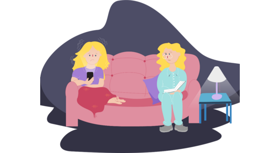An illustrated scene showing two people sitting on a couch; one is using a mobile phone while the other holds a book, with a lamp and side table beside the couch.