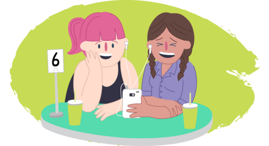 Illustration of two people seated at a café table looking at a mobile phone together. Both wear wired earphones connected to the phone. Two cups with straws sit on the table, and a table number sign reading “6” is visible.