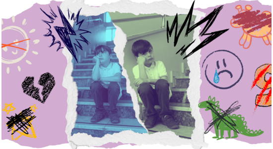 Collage-style illustration showing two torn photo panels of a young person sitting on steps with head resting on one hand. The background is purple with hand‑drawn symbols, including broken hearts, scribbles, lightning shapes, and simple faces.