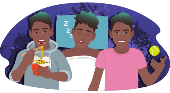An illustrated person shown three times side by side: one eating from a takeaway container, one sleeping in bed, and one holding a ball.