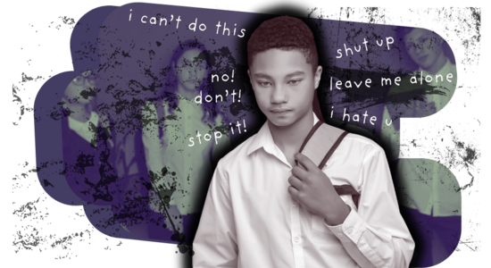 A photo of a person in the foreground and blurred people in the background, with graphic overlays showing words including “i can’t do this”, “no!”, “don’t!”, “stop it!”, “shut up”, “leave me alone”, and “i hate u”.