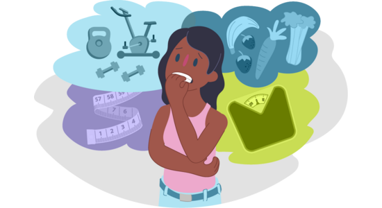 Illustration of a person standing with one hand near their mouth and the other arm folded across their body. Around them are cloud‑shaped panels showing exercise equipment, vegetables and fruit, a measuring tape, and a bathroom scale.