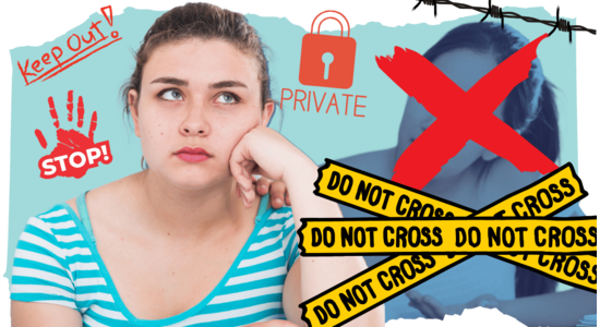 A photo of a person with the face blurred, surrounded by graphic icons and text including “PRIVATE”, “Keep Out!”, “STOP!”, and yellow tape reading “DO NOT CROSS”.