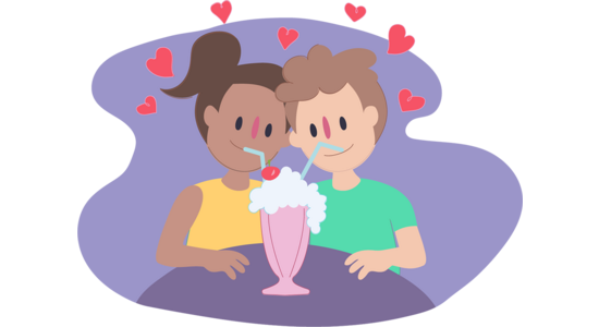 Illustration of two people seated at a table, sharing a tall pink milkshake with two straws and a cherry on top. Small heart symbols float above them against a purple background.