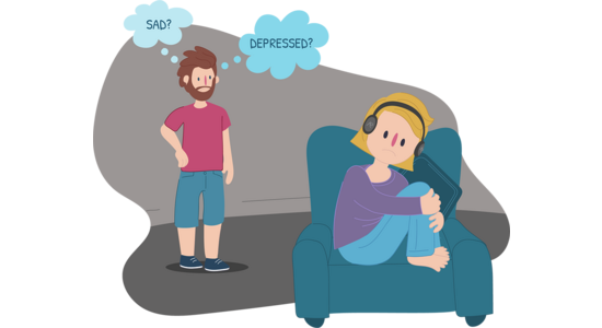 Illustration of two people in a room. One person stands to the left with a thought bubble reading “SAD?”. Another person sits curled up on an armchair wearing headphones, with a thought bubble reading “DEPRESSED?”. The background is grey with a light blue speech‑bubble shape across the top.