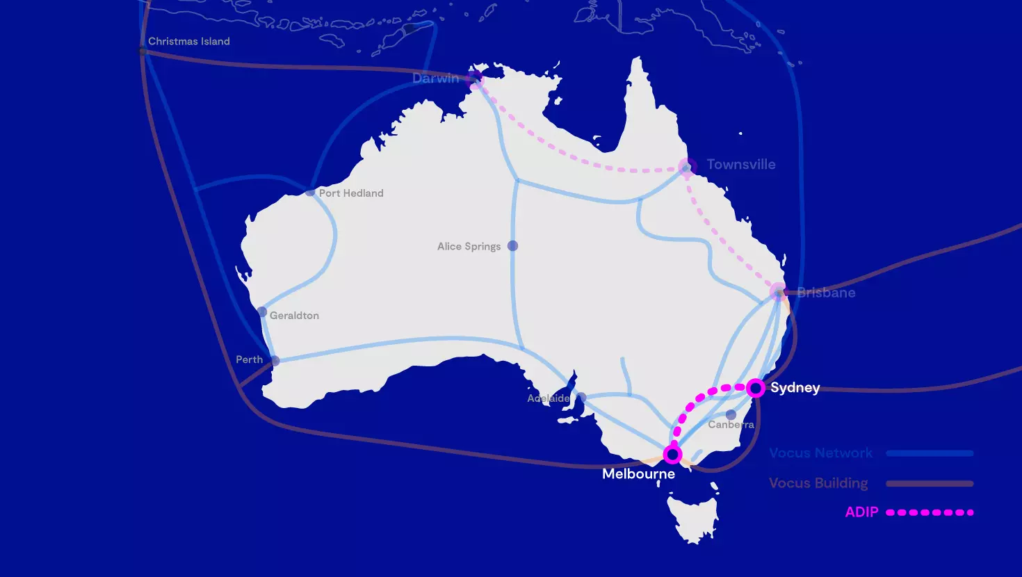 Map of Australia highlighting the ADIP fibre route between Sydney and Melbourne, overlaid on the broader Vocus national network.
