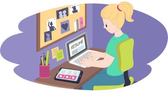 Illustration of a person seated at a desk using a laptop. The screen displays the word “RESUME”. A tablet on the desk shows a list with star icons. Stationery sits in a holder, and photos and notes are pinned to a noticeboard on the wall.