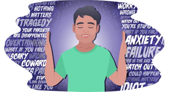 An illustrated person with hands raised, pushing away words including “ANXIETY”, “FAILURE”, “OVERTHINKING”, “WORK WRONG”, and “WHAT IF YOU FAIL?”.