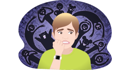 Illustration of a person centred in the frame with one hand raised near the mouth and the other arm down. Dark, shadow‑like figures with varied shapes appear behind the person against a textured purple background.