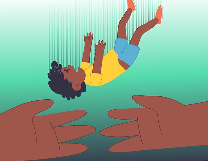 A child falling and being caught by giant hands.