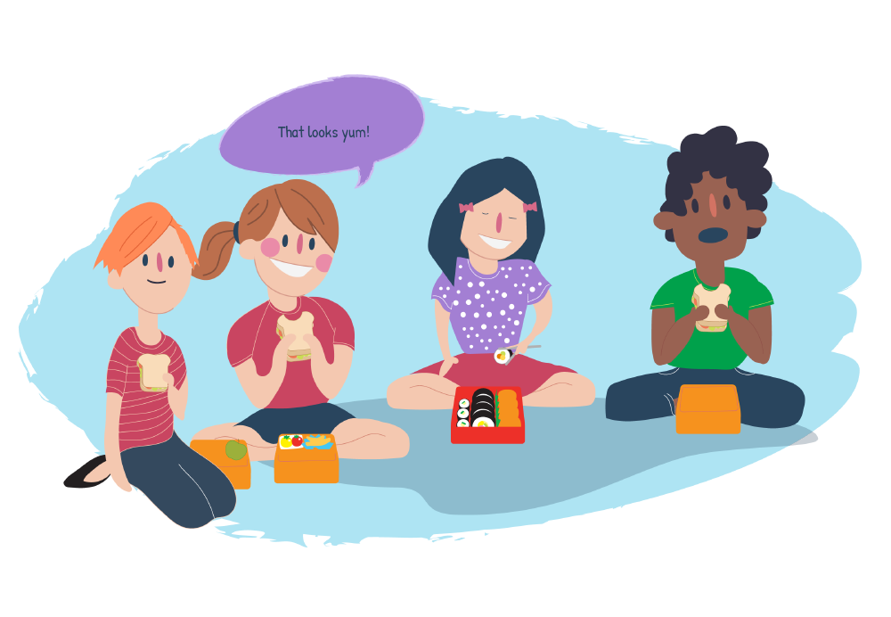 Illustration of four people sitting on the ground with lunchboxes. One speech bubble says, “That looks yum!”