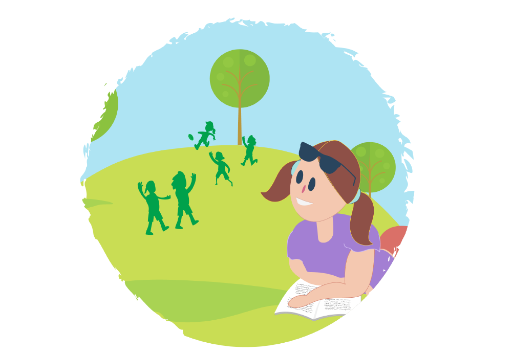 Illustration of a person lying on grass reading a book. In the background, several small figures play together near trees in a park setting.
