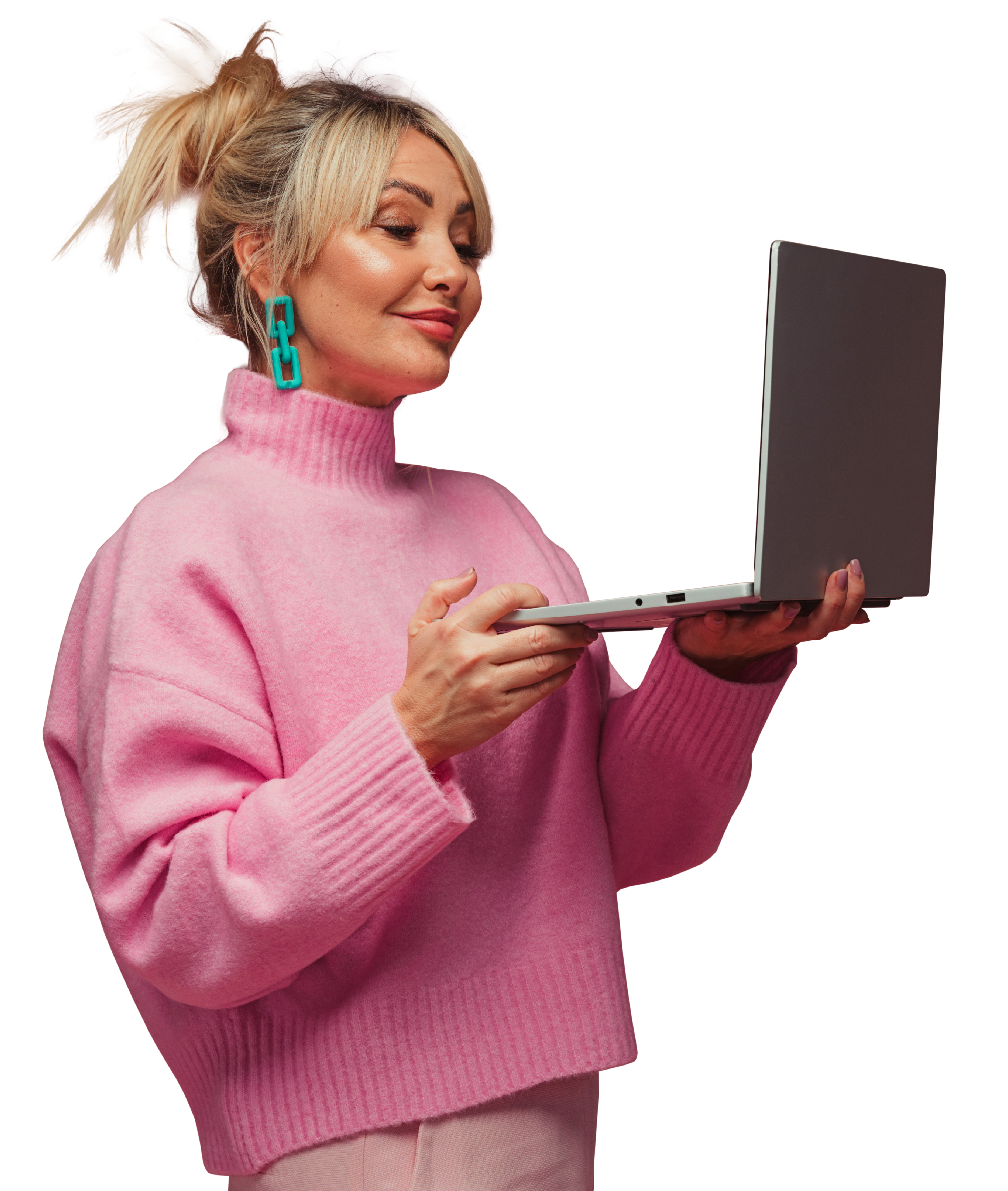customer holding a laptop 