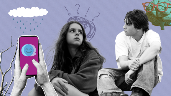 A teenage girl and boy sit thoutfully and look off into the distance. Around them are scribbles - question marks, clouds, brains, and a phone being raised with the Kids Helpline logo.