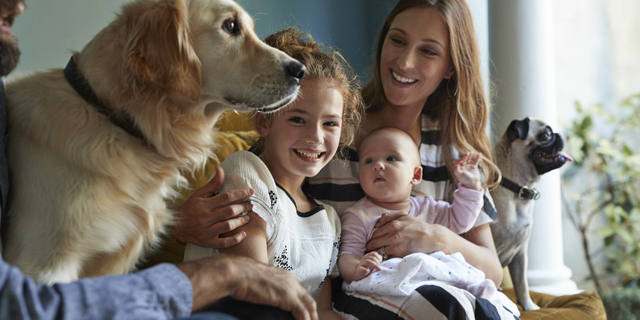 Family sitting together in sofa with their dogs