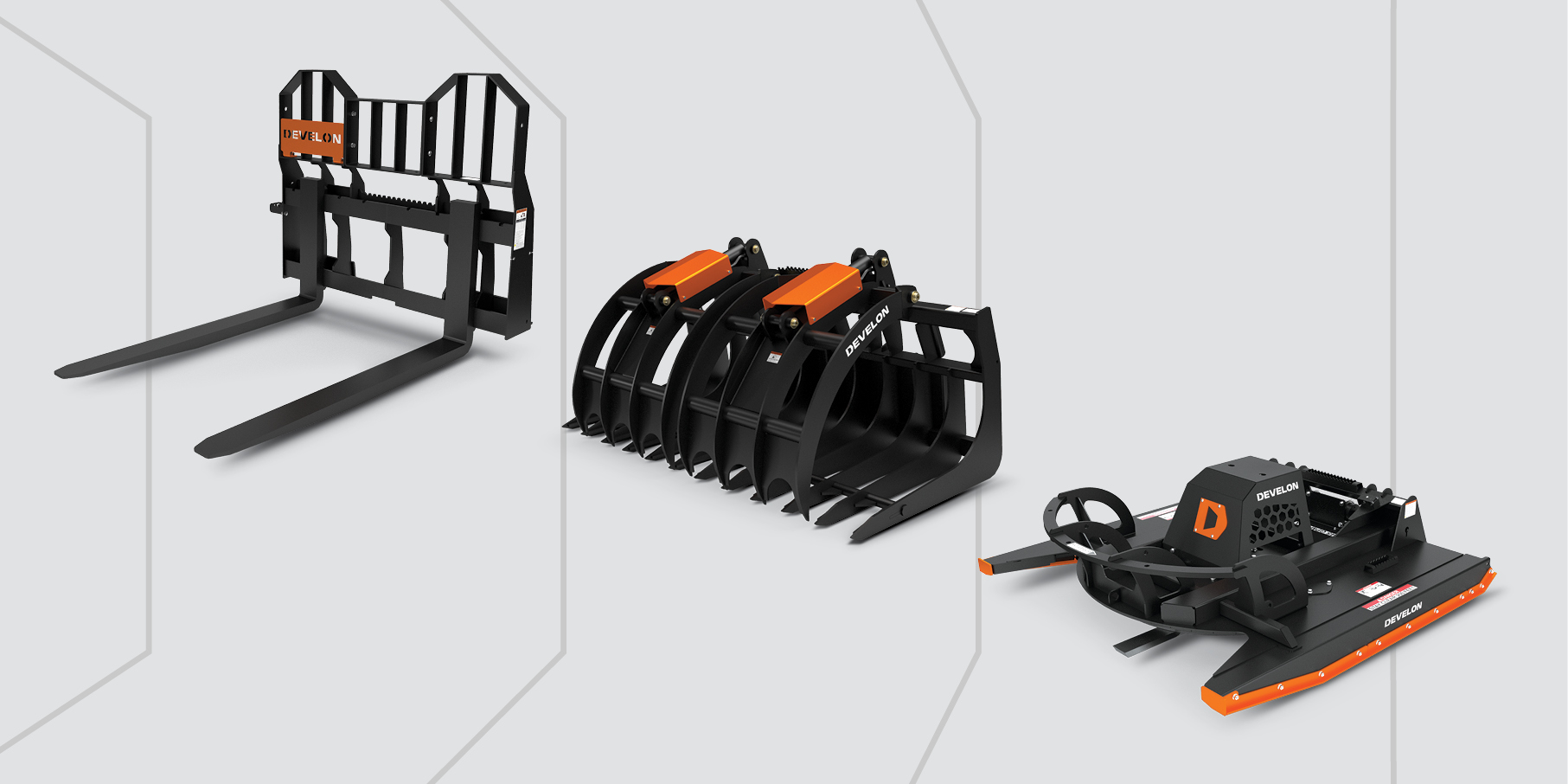 The DEVELON hi-vis rail pallet fork, root grapple and rotary brush cutter attachments.