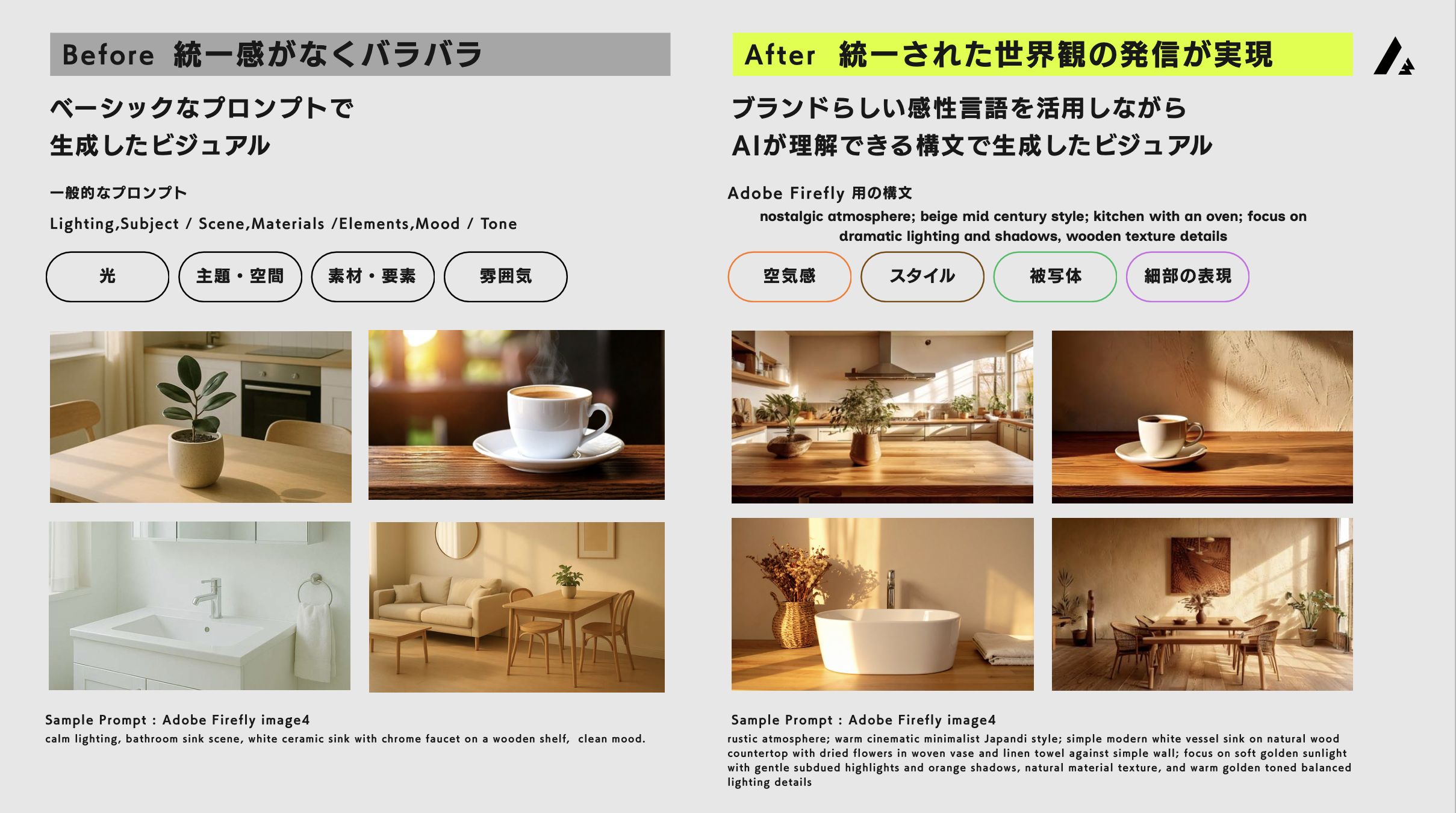左がベーシックなプロンプトで生成したビジュアル、右がAIが理解できる言葉で構文化したプロンプト