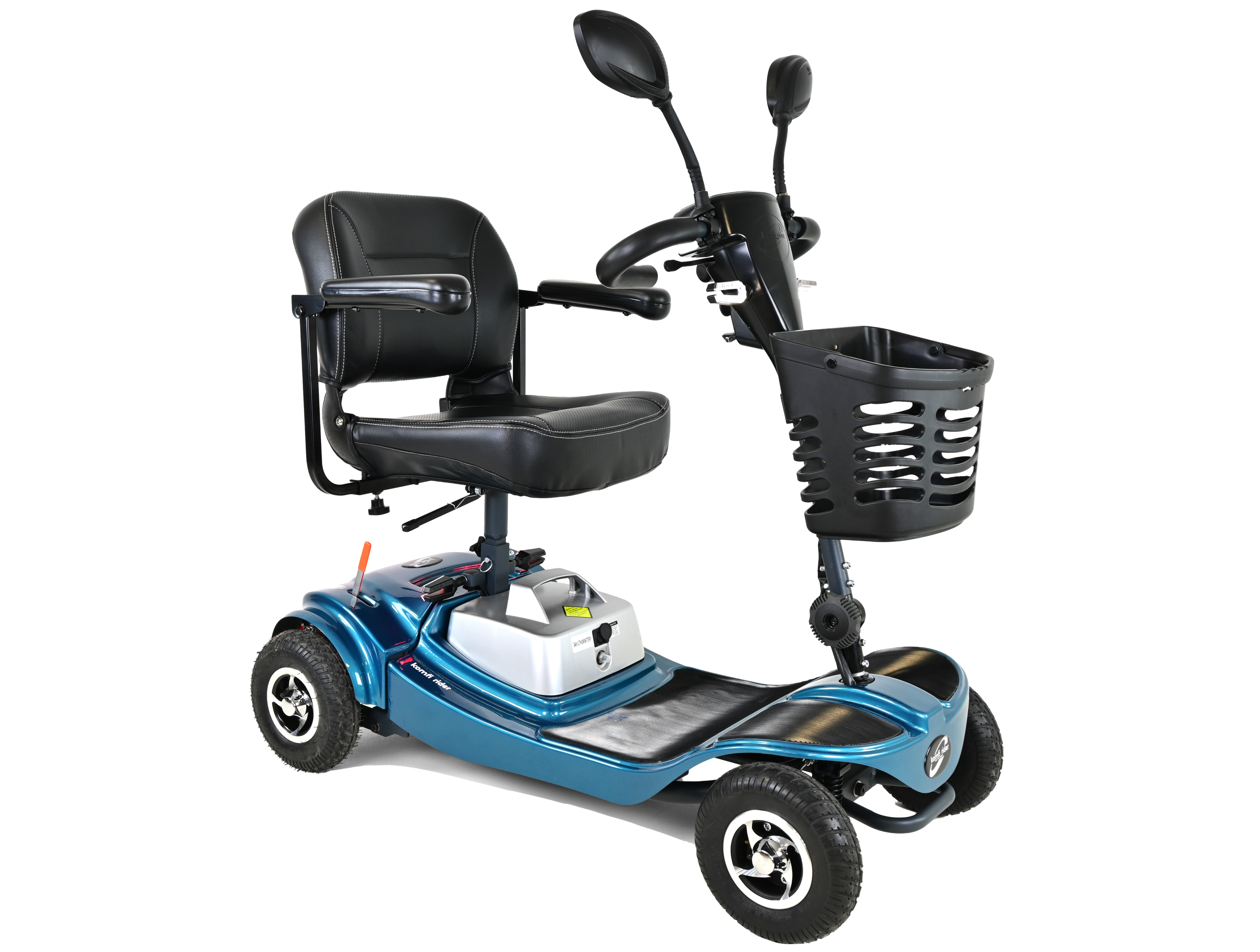 The KRS800 mobility scooter, shown on a transparent background, features a compact four-wheel design with a metallic blue body. It includes a padded swivel seat with armrests, a front-mounted black basket for storage, and dual rearview mirrors on the handlebars.