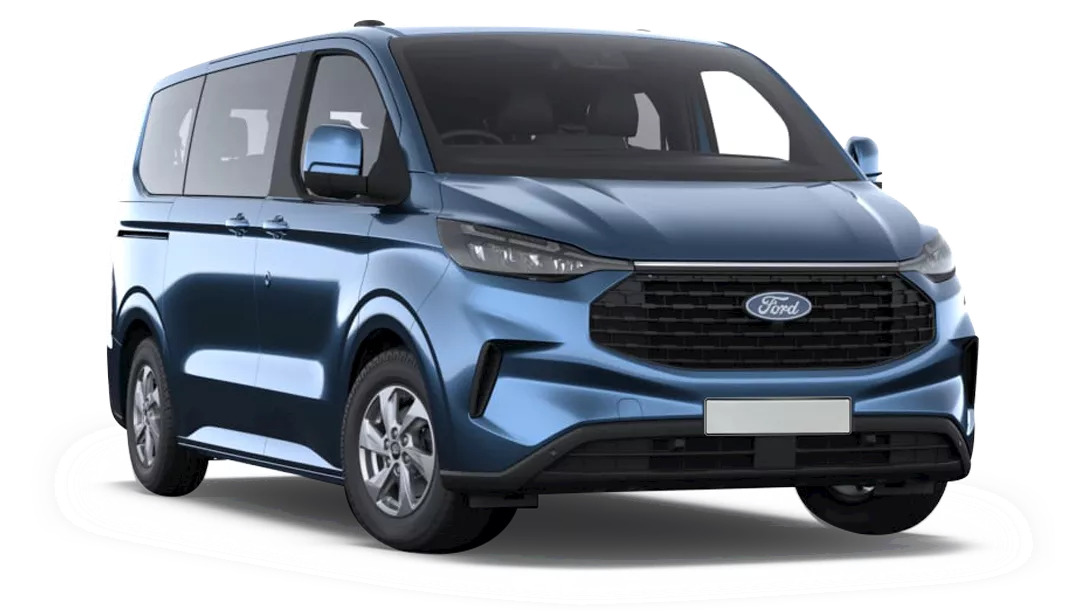 Front-side view of a blue Ford Tourneo Custom MPV with sleek LED headlights and a bold black grille, designed for versatile passenger transport.