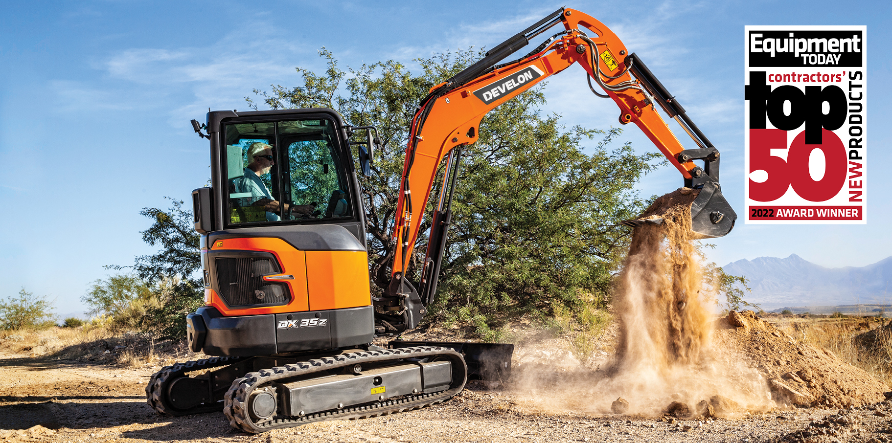 DEVELON DX35Z-7 mini excavator digging dirt with Equipment Today Contractors’ Top 50 New Products of 2022 award graphic.