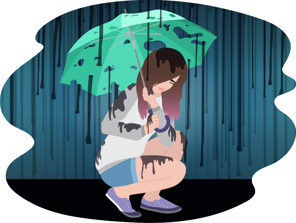 An illustration of a person crouching under an umbrella while dark liquid drips down around them against a blue background.