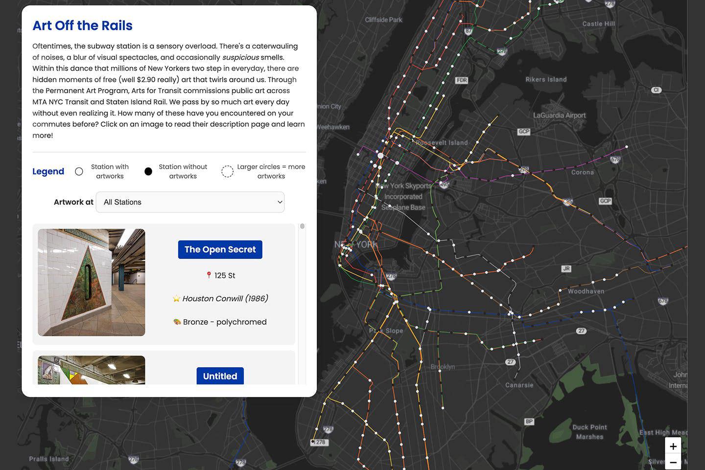 An interactive map highlighting public art in the NYC transit system.