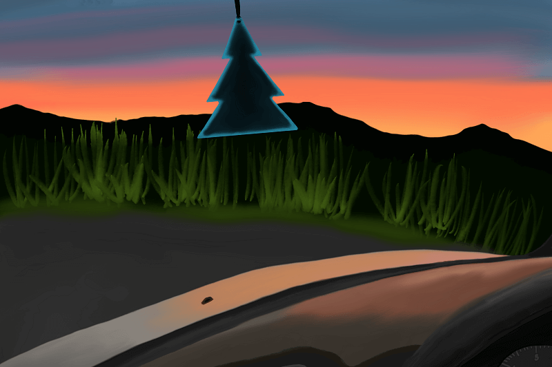 A digital illustration of a road bordered by grass, with hills in the distance under a sunset sky and a hanging tree‑shaped ornament in the foreground.