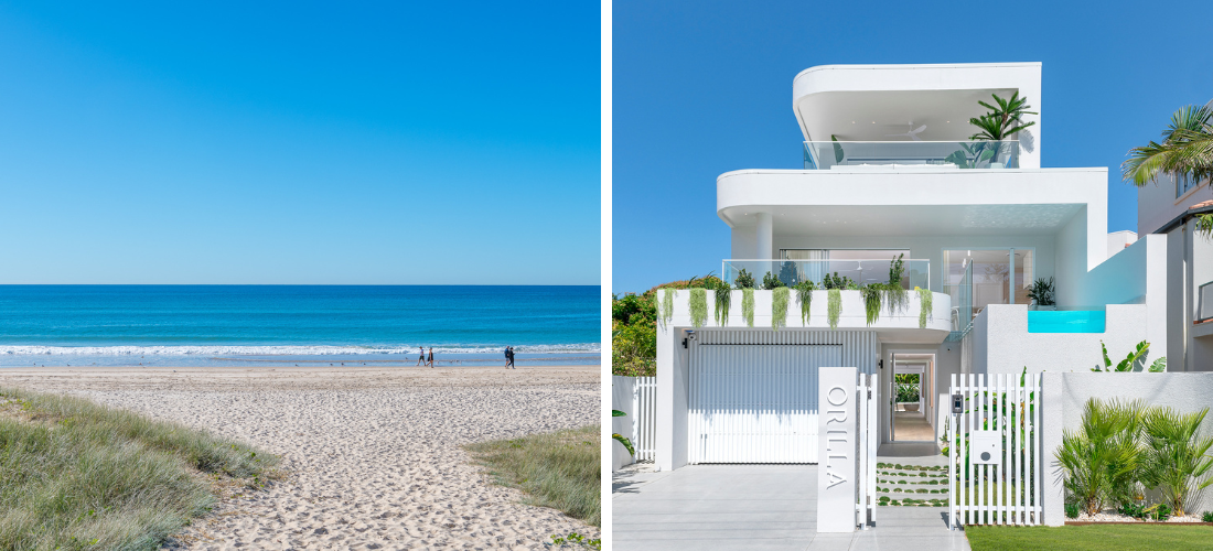 Image of the beach on the left. It is a bright, sunny day at the Gold Coast and the sand is looking great.External aerial image of a new three-level tiered home. Second floor has a covered entertainment area with couch, table and plants. First floor has a raised pool to the right, and a covered entertaining area to the left with a table set for 6. There is a garden along the outer walls of the alfresco area with plants spilling over the edge.