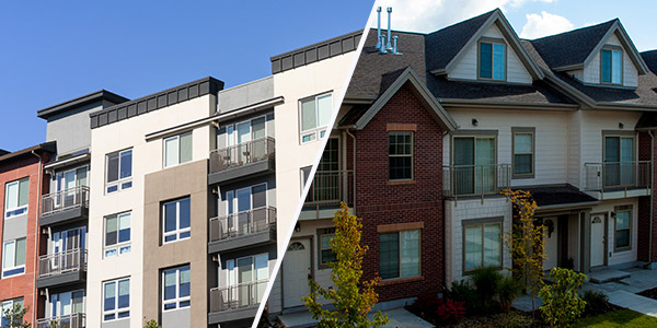 A split image with a condominium building on one side and a townhome on the other
