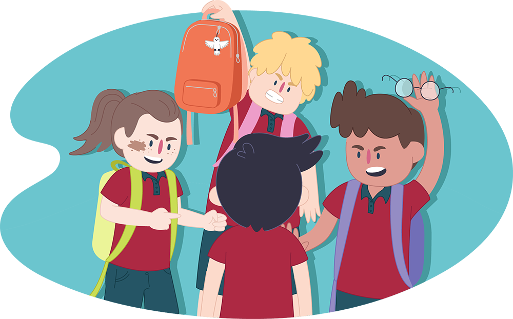 Illustration of three people standing around bullying another person. One holds a backpack above the person in the centre while others point or raise an arm. Another has taken their glasses. All figures stand against a plain blue background.