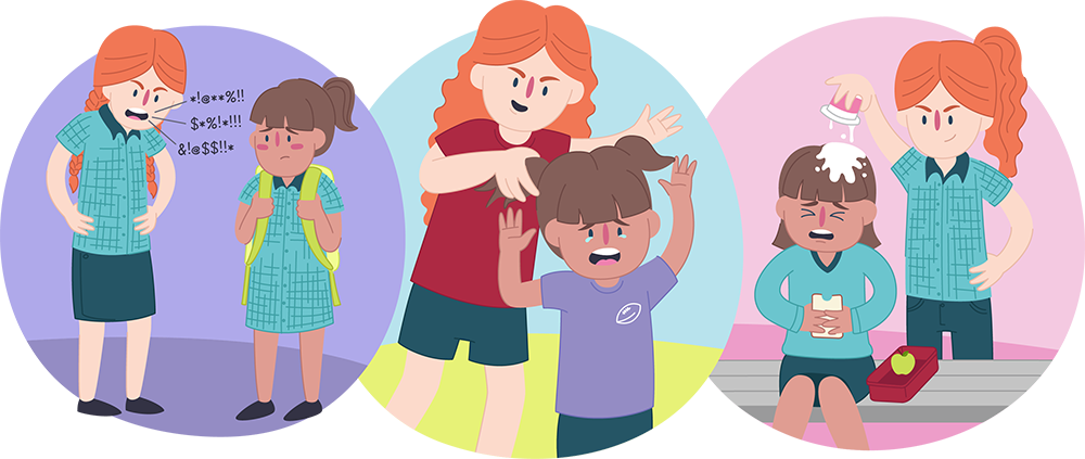 Illustration divided into sections showing several scenarios: one person speaking with symbols above their head, a person standing while another pulls their hair, and a person seated on a bench with food tipped on their head and a lunchbox beside them.