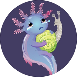 Illustrated axolotl holding onto a sea snail while crying