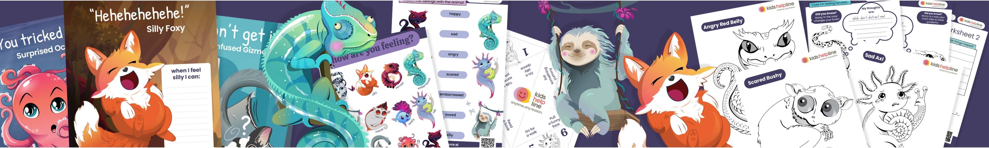 Collection of resources featuring Kids Helpline's illustrated Mood Critter characters