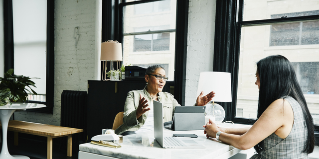 Female financial advisor in discussion with mature female business owner at desk in office