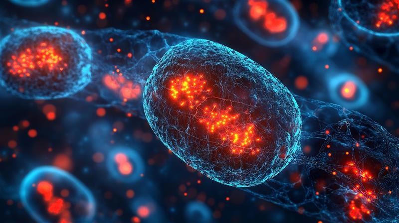 Digital illustration of mitochondria with glowing red regions representing DNA mutations.