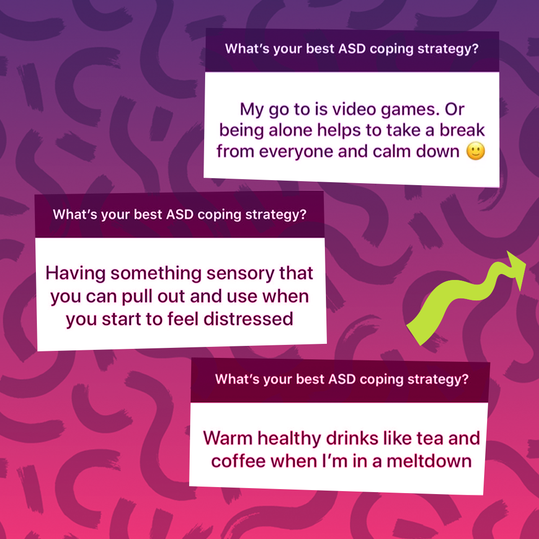 Text boxes responding to “What’s your best ASD coping strategy?” including video games, being alone to calm down, using sensory items, and warm drinks.
