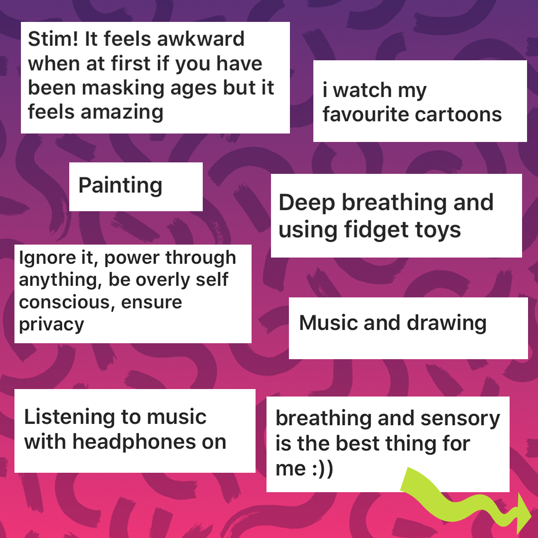 Multiple text boxes listing coping strategies including stimming, painting, deep breathing, using fidget toys, music, drawing, and headphones.